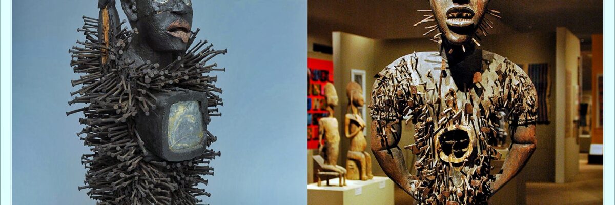 Nkisi Nkondi power figure from the Kongo people of Central Africa covered in iron nails and blades