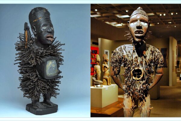 Nkisi Nkondi power figure from the Kongo people of Central Africa covered in iron nails and blades