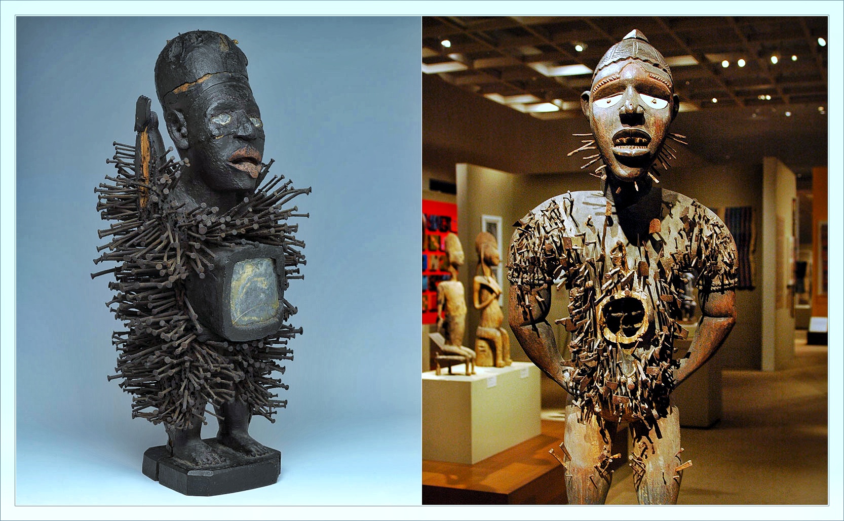 Nkisi Nkondi power figure from the Kongo people of Central Africa covered in iron nails and blades